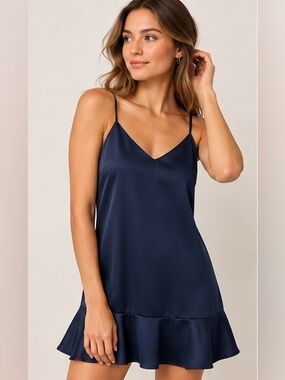 LUCY PARIS Navy Satin Flounce Hem Mini Slip Dress | XS / EU 36